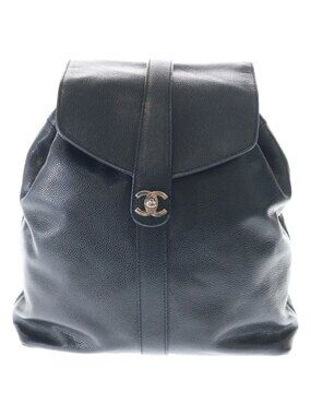 Chanel CC Logo Turnlock Backpack Black Caviar Leather Silver